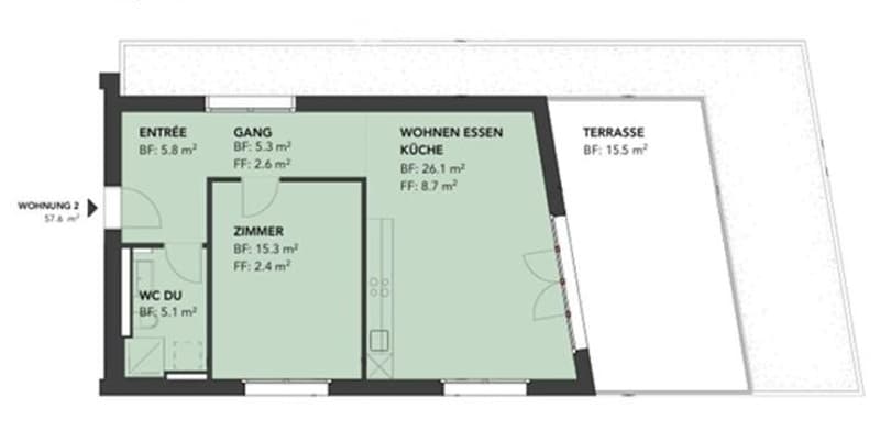 Floor plan showing entrance, hallway, living/dining room, kitchen, bedroom, bathroom, and terrace.