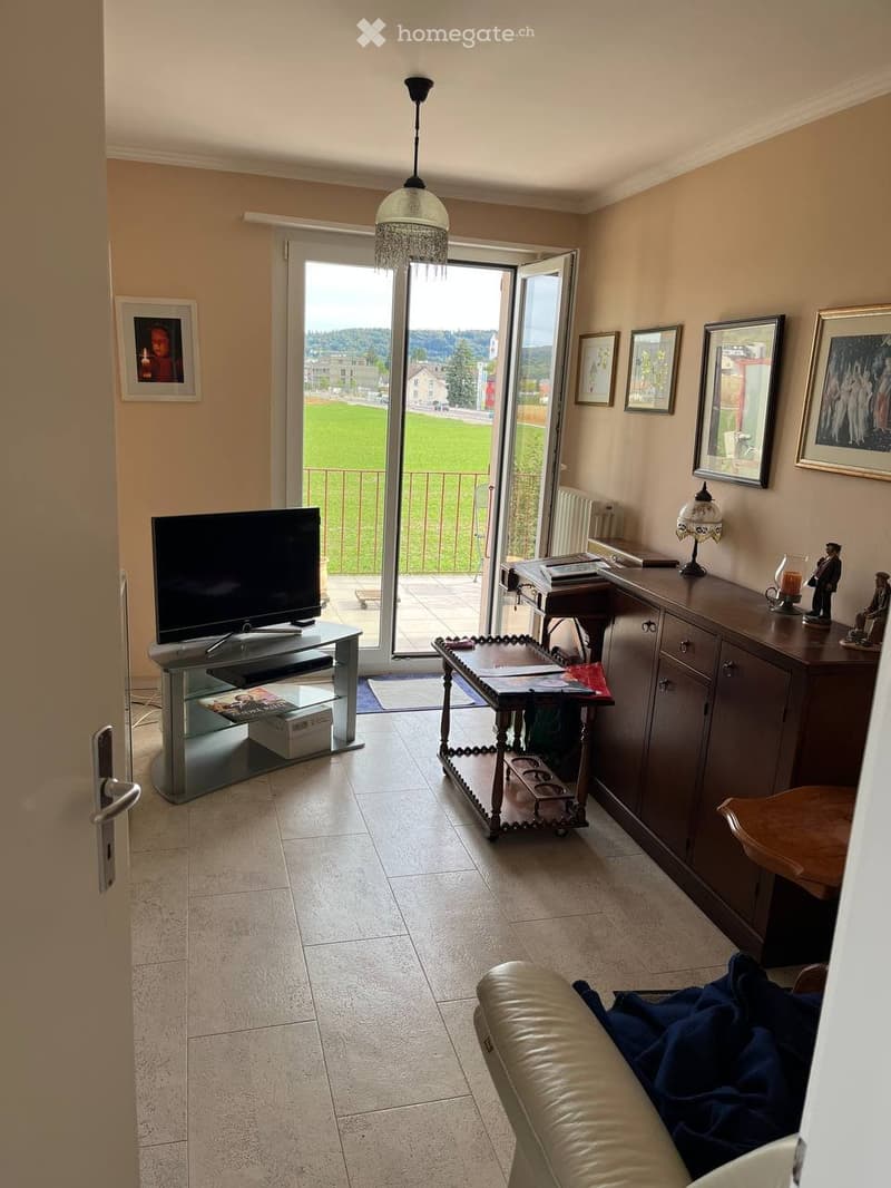 Bright living room with tiled floor, large sliding glass door leading to a balcony with a scenic view, sofa, coffee table, TV, and decorative cabinet.