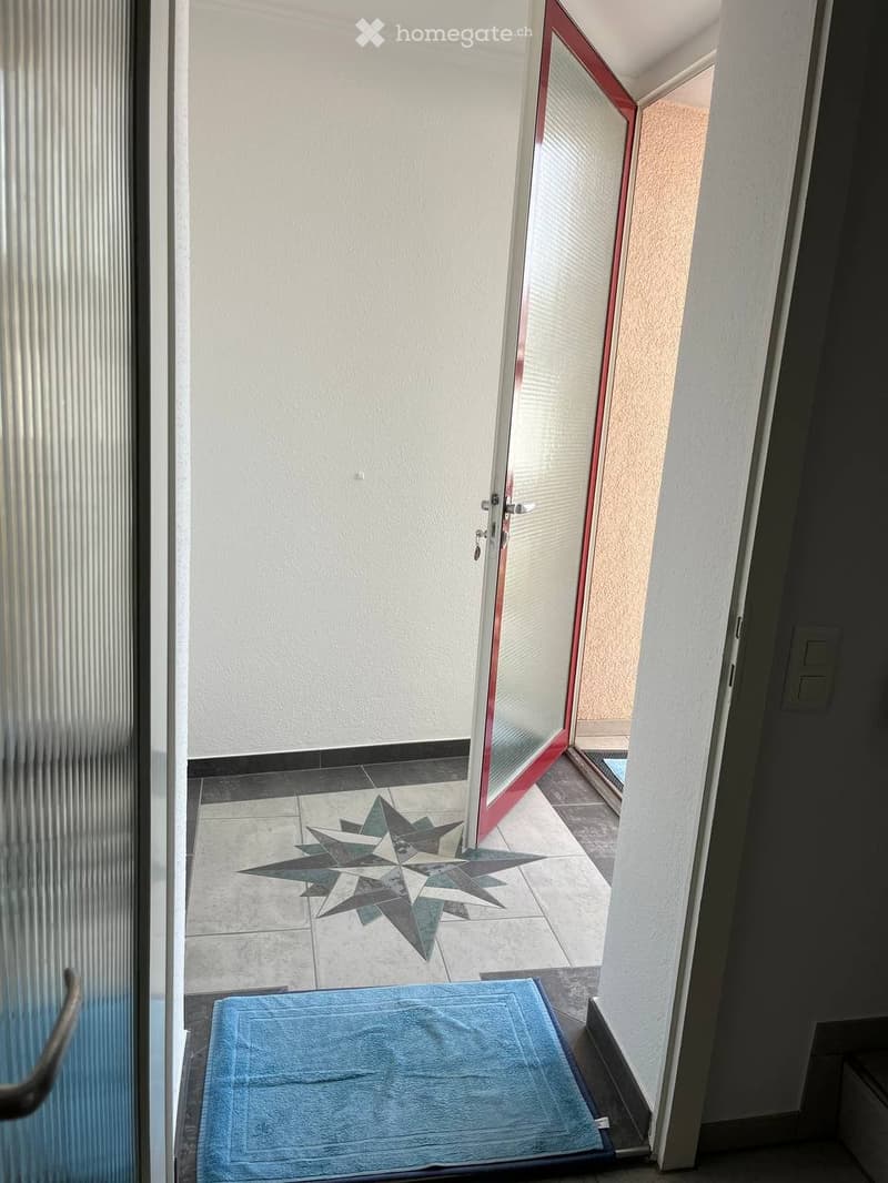 Hallway with tiled floor, a decorative star-shaped design, a blue doormat, and an open sliding glass door leading outside.