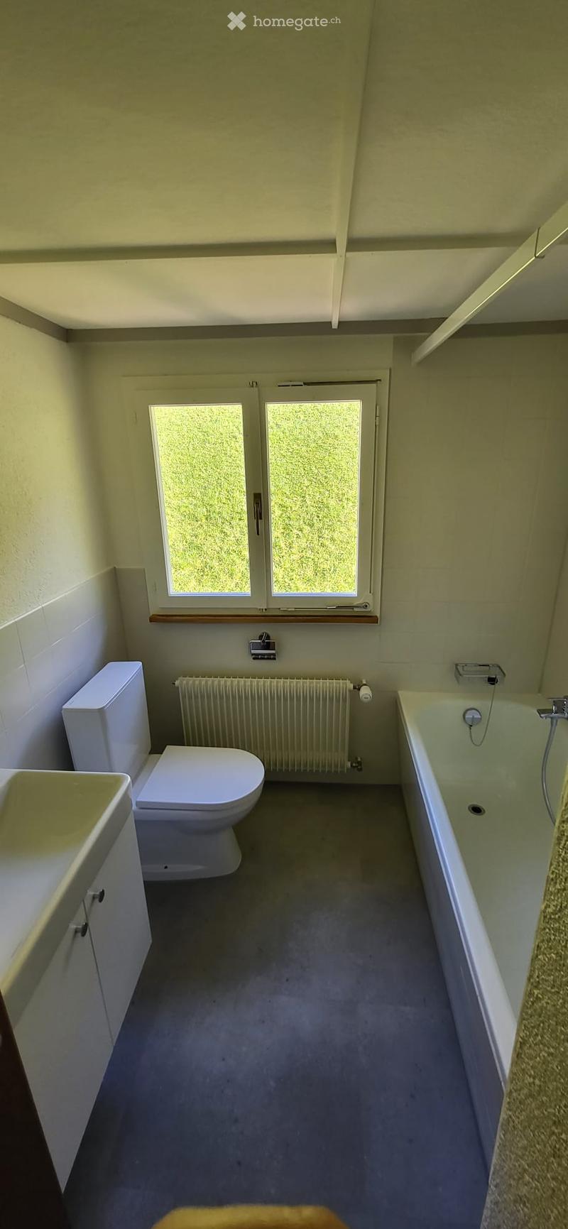Bathroom with a toilet, bathtub, sink, and radiator. The room has light-colored walls and a window with frosted glass panes.