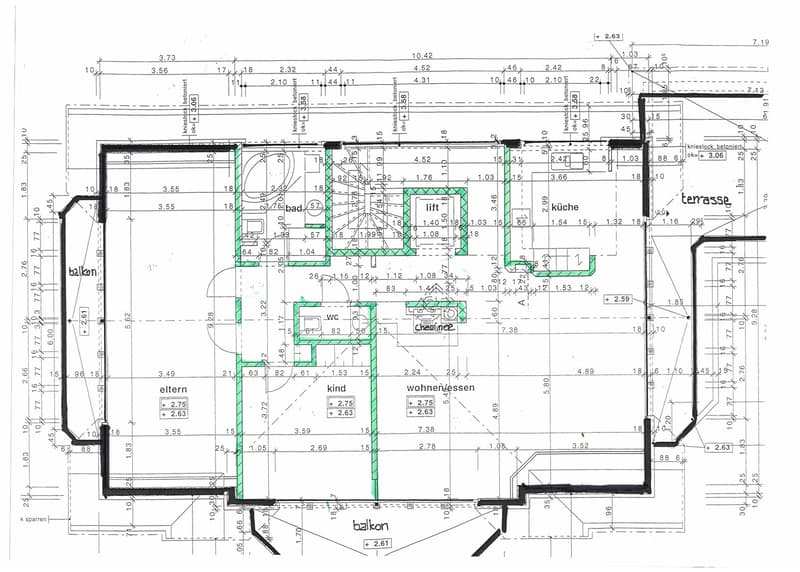 Floor plan of a residential space with labeled rooms including a kitchen, living room, bedrooms, bathroom, and balcony.