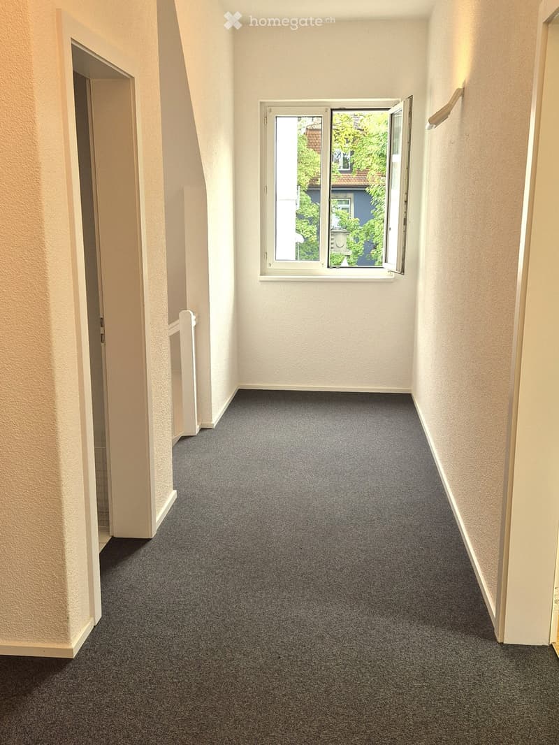 Empty hallway with grey carpet, white walls, and a window showing greenery outside.