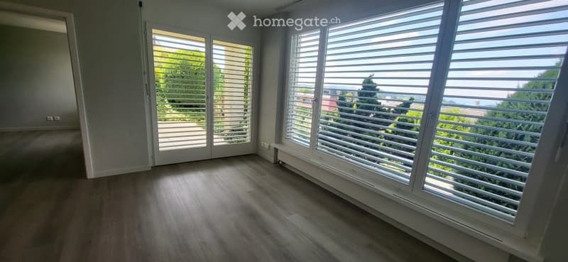 Empty room with wooden floor, sliding doors, windows with shutters