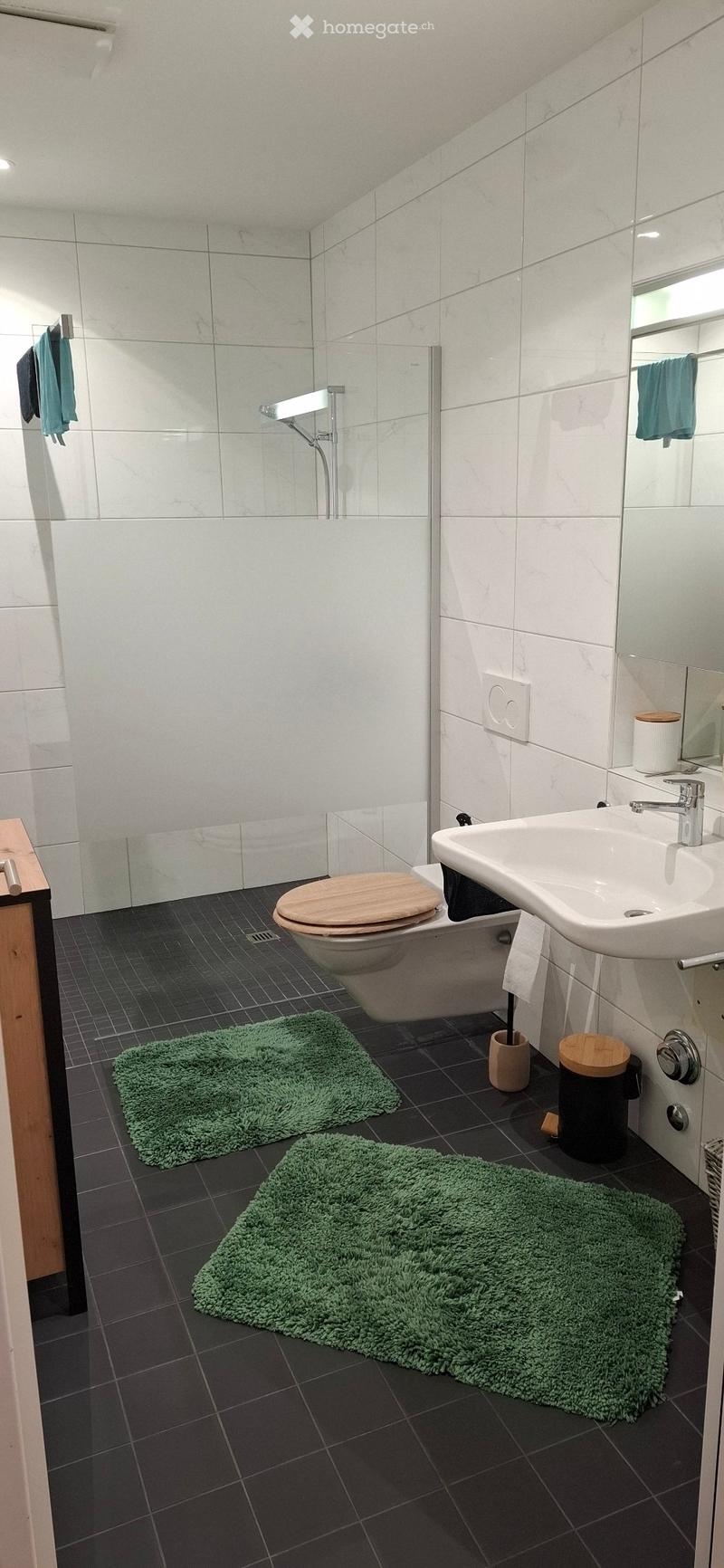 Modern bathroom with dark tiled floor, white walls, a toilet with a wooden seat, a sink with a chrome faucet, a bathtub, a large mirror, and two green bathmats.