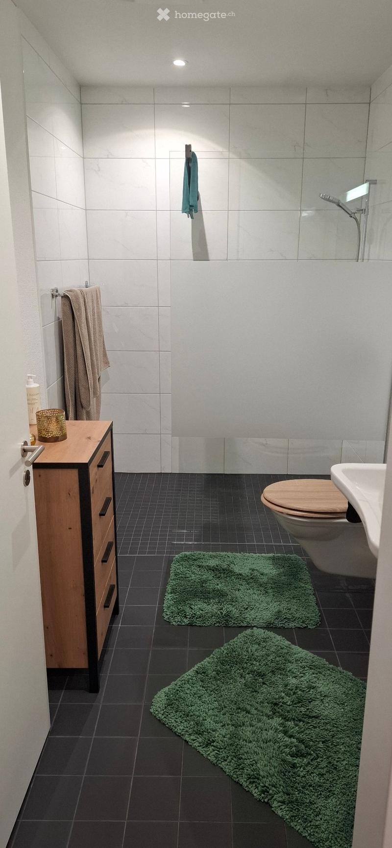 Modern bathroom with dark tiled floor, wooden vanity, toilet, sink, and two green rugs.
