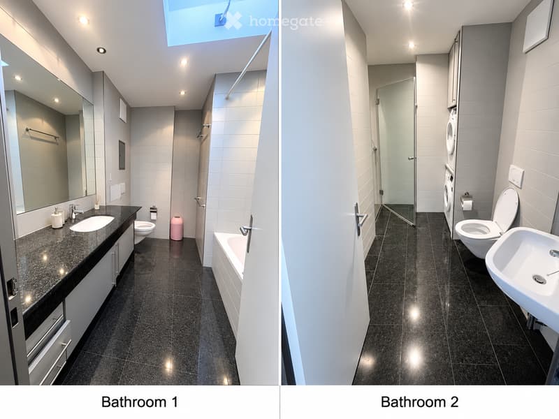 Two modern bathrooms with black tiled floors, white walls, and sleek fixtures. Bathroom1 features a sink, toilet, bathtub, and mirror. Bathroom 2 includes a sink, toilet, shower stall, and washing machine.