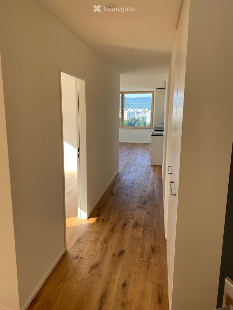 A narrow hallway with light wooden flooring and white walls, leading to an open area with a view of a cityscape through a large window.