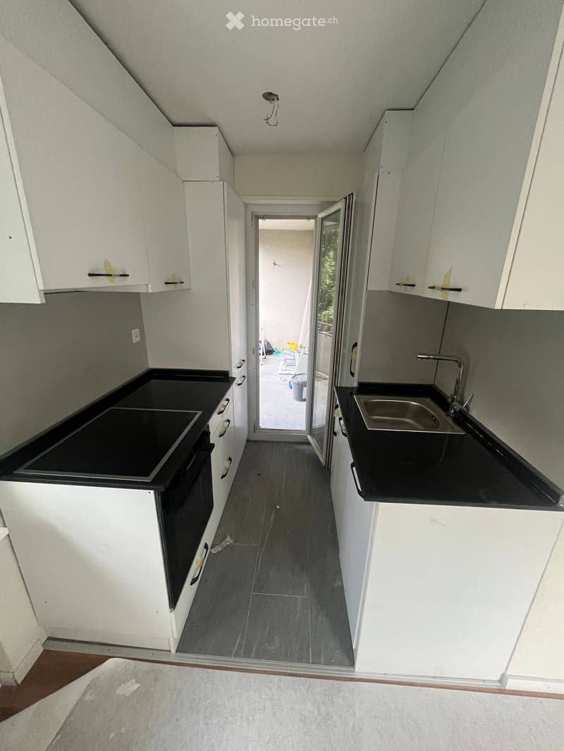 Modern kitchen with white cabinets, black countertops, and a stainless steel sink. Features an electric oven and a sliding glass door leading to an outdoor area.