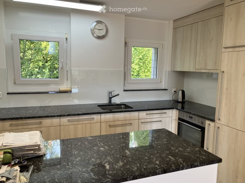 Modern kitchen with light wooden cabinets, granite countertops, stainless steel sink, and built-in oven. Two windows provide natural light.