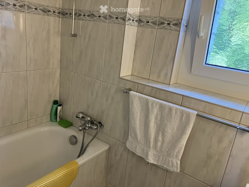 Bathroom with a bathtub, a towel on a rack, a bottle, and a soap dish on the edge of the tub. The walls are tiled with a decorative border, and there is a window with a view of greenery.