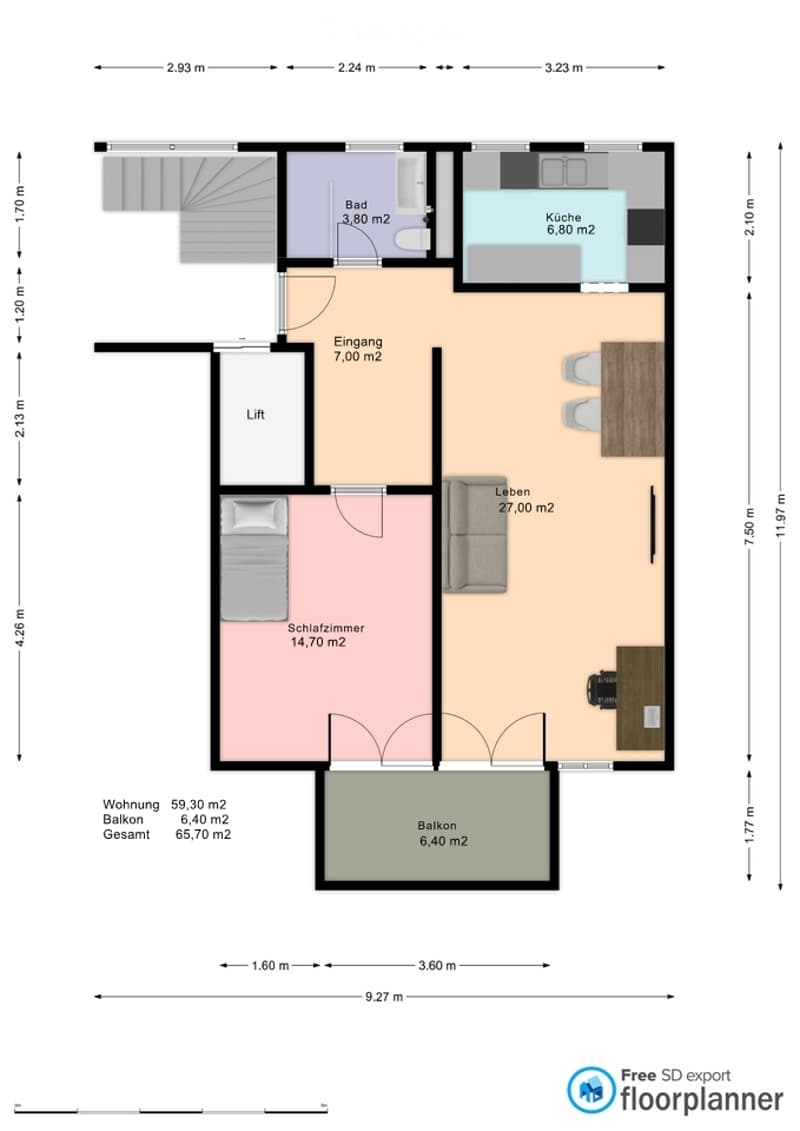 Floor plan of a 65.70 m² apartment with living room, bedroom, kitchen, bathroom, and two balconies.