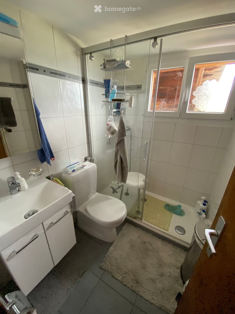 Bathroom with a white sink, toilet, glass-enclosed shower, and a small window. Includes a towel, a mirror, and a bathroom cabinet.