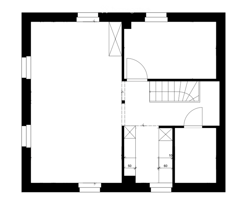 Floor plan of a single-story house with a living room, kitchen, bedroom, and bathroom. The layout includes a hallway and a small entryway.