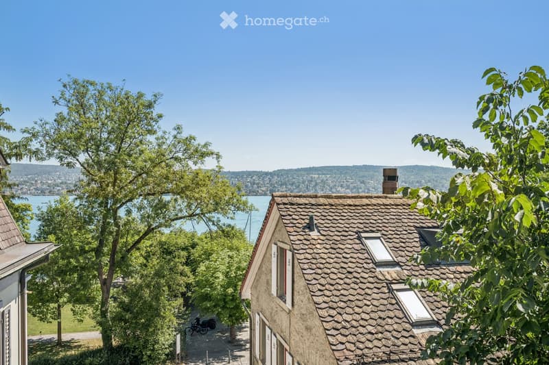 A view of a house with a tiled roof and multiple windows, surrounded by lush green trees. The background shows a scenic lake and distant hills under a clear blue sky.