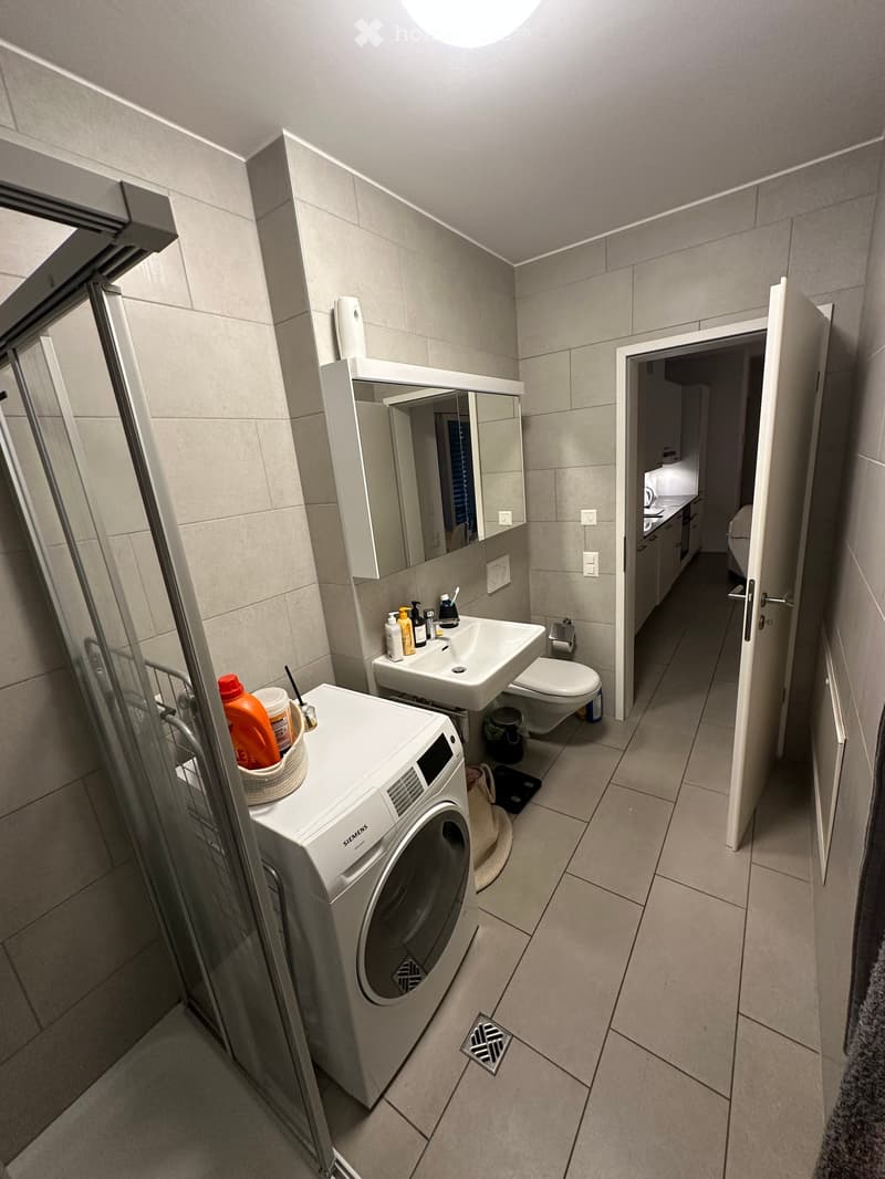 Modern bathroom with a sink, toilet, mirror, washing machine, and a shower area. The space features tiled walls and floor, with a small basket on top of the washing machine holding cleaning supplies.