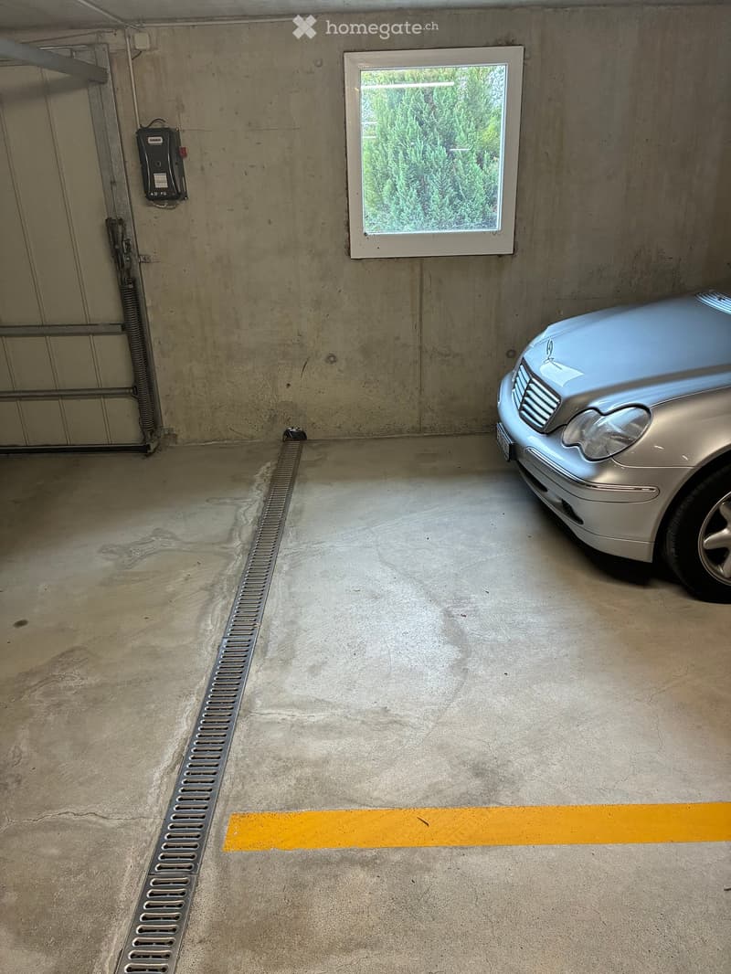 Underground garage with a parked car, concrete walls, a window showing greenery, and a drainage channel.