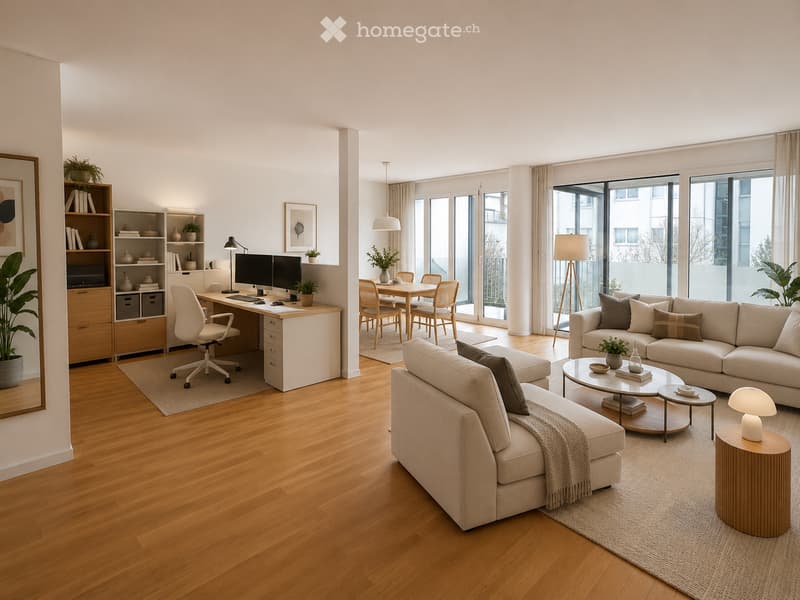 Modern living room with a sofa, coffee table, dining area, desk, and large windows leading to a balcony.