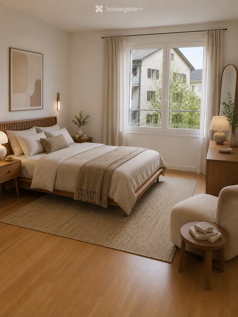 Modern bedroom with a large bed, nightstands, lamps, a round side table with a chair, a large mirror, and a plant. The room features wooden flooring and large windows with curtains.