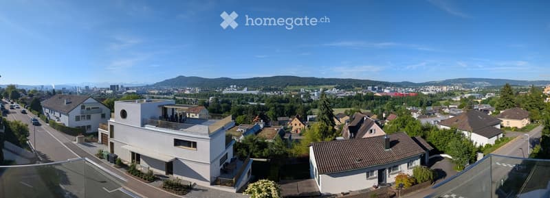 Aerial view of a suburban neighborhood with modern and traditional houses, surrounded by greenery and a distant cityscape under a clear blue sky.