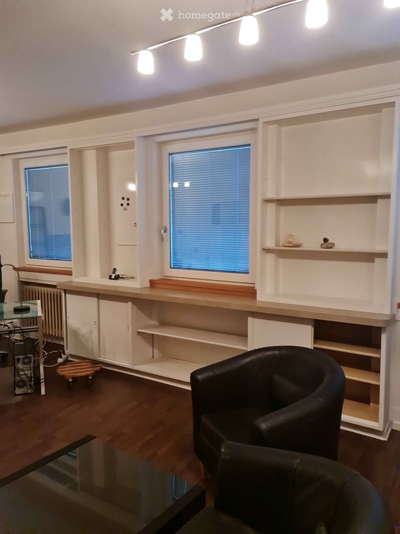 Modern living room with dark wooden flooring, white built-in shelving unit, large windows with blinds, a black leather sofa, a glass coffee table, and a radiator.