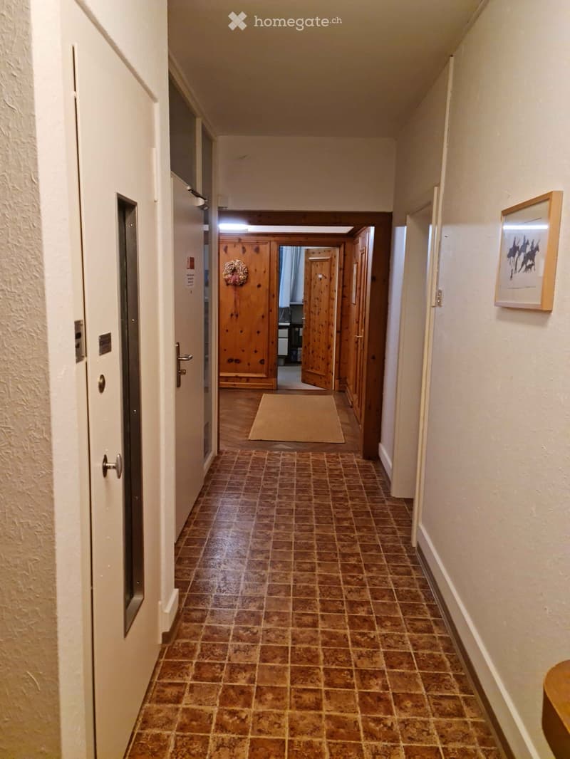 A long hallway with brown tiled flooring, white walls, and several doors on both sides. A small rug is placed near the center, and a framed picture hangs on the right wall.