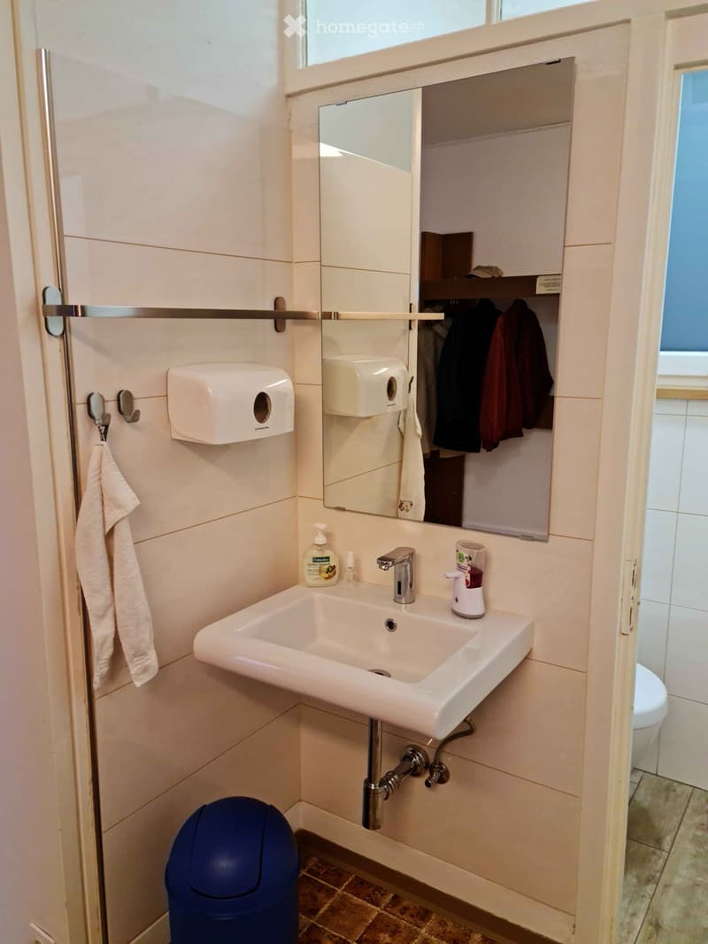 Modern bathroom with a white sink, chrome faucet, large mirror, towel, toilet paper dispenser, soap dispenser, and a blue trash can. The walls are tiled in light beige, and the floor has brown tiles.