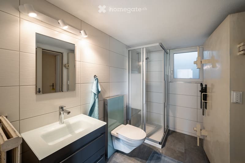 Modern bathroom with a white sink, chrome faucet, large mirror, toilet, glass-enclosed shower, and a towel hanging on a rack.
