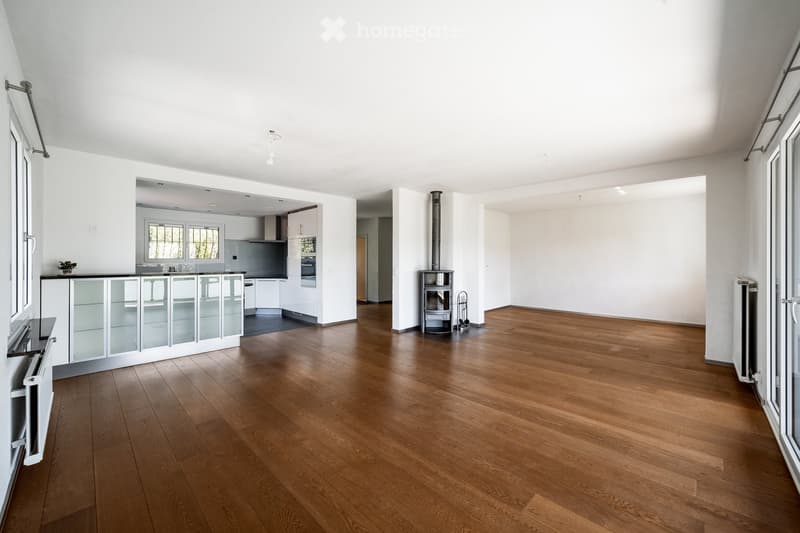 Open-plan living and dining area with wooden flooring, white walls, and large windows. Features a modern kitchen with cabinets and appliances, a fireplace, and a small flower pot on the counter.
