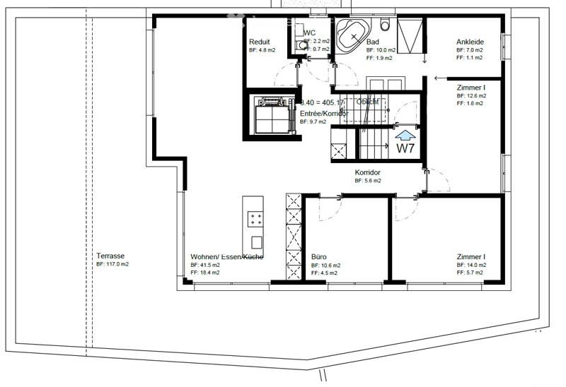 Floor plan showing a living/dining/kitchen area, bedroom, office, hallway, bathroom, and terrace.