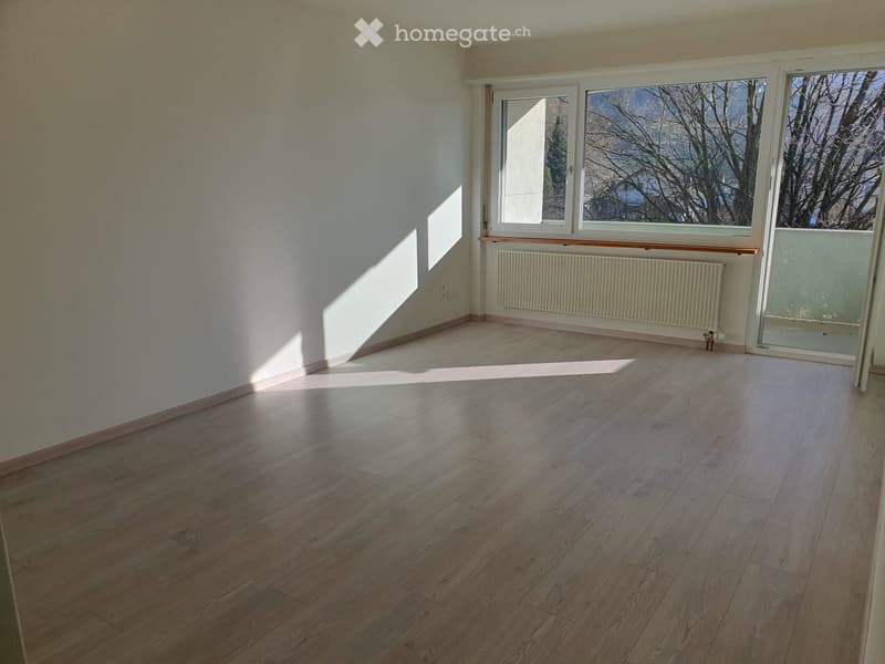 Empty room with wooden flooring, white walls, large windows, radiator, and a glass door leading to a balcony.