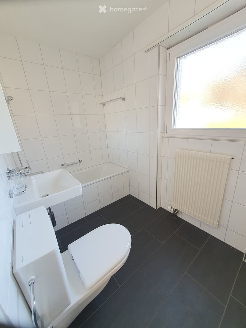 Modern bathroom with white tiles, black floor, sink, toilet, bathtub, and radiator.