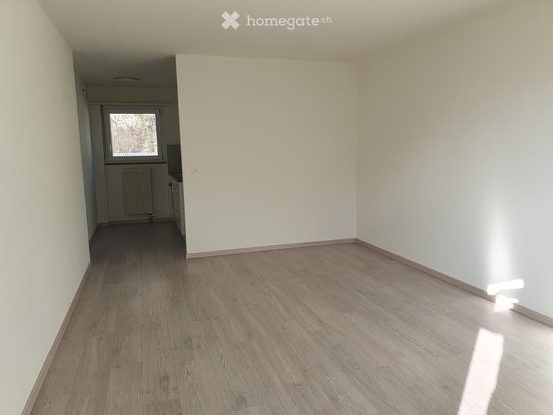 Empty room with light wooden flooring and white walls, featuring a doorway leading to another room with a window and radiator.
