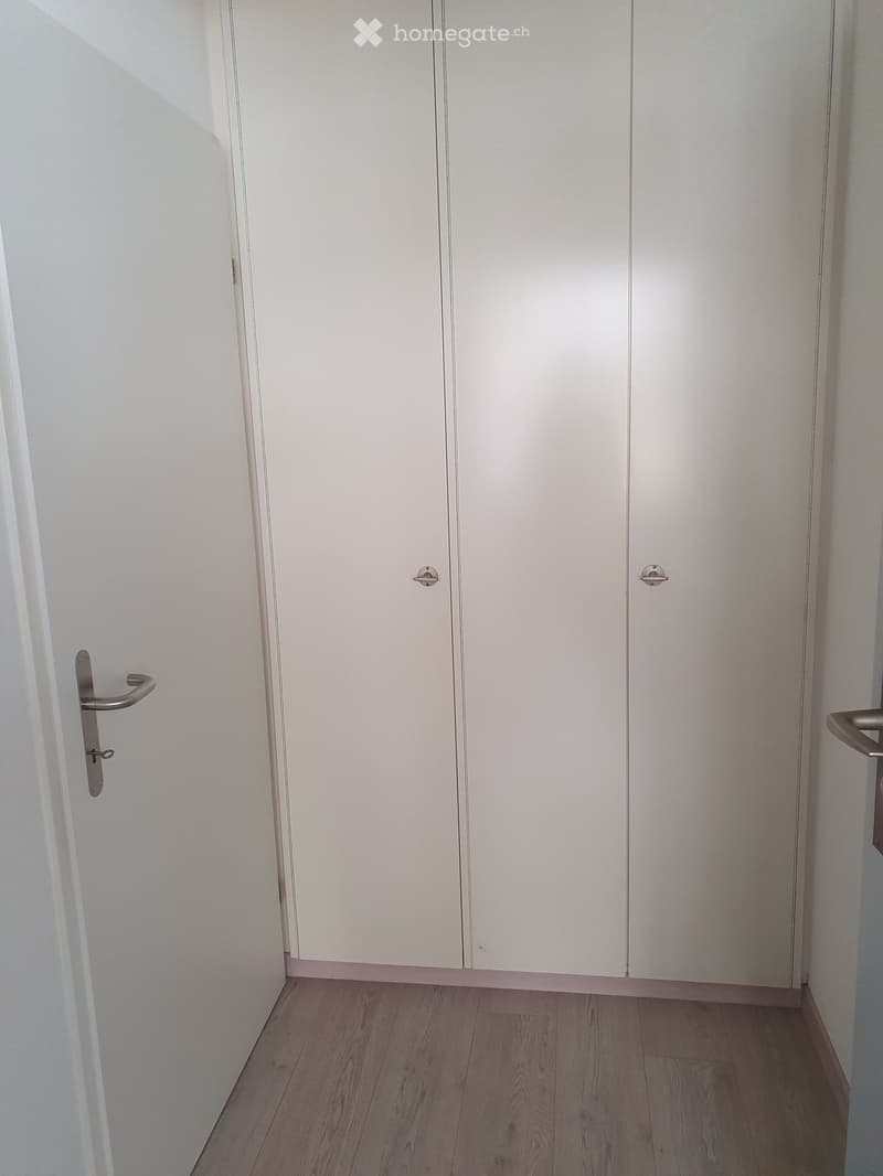 Empty room with light wooden flooring and white walls, featuring a set of white double doors and a silver door handle on the left side.