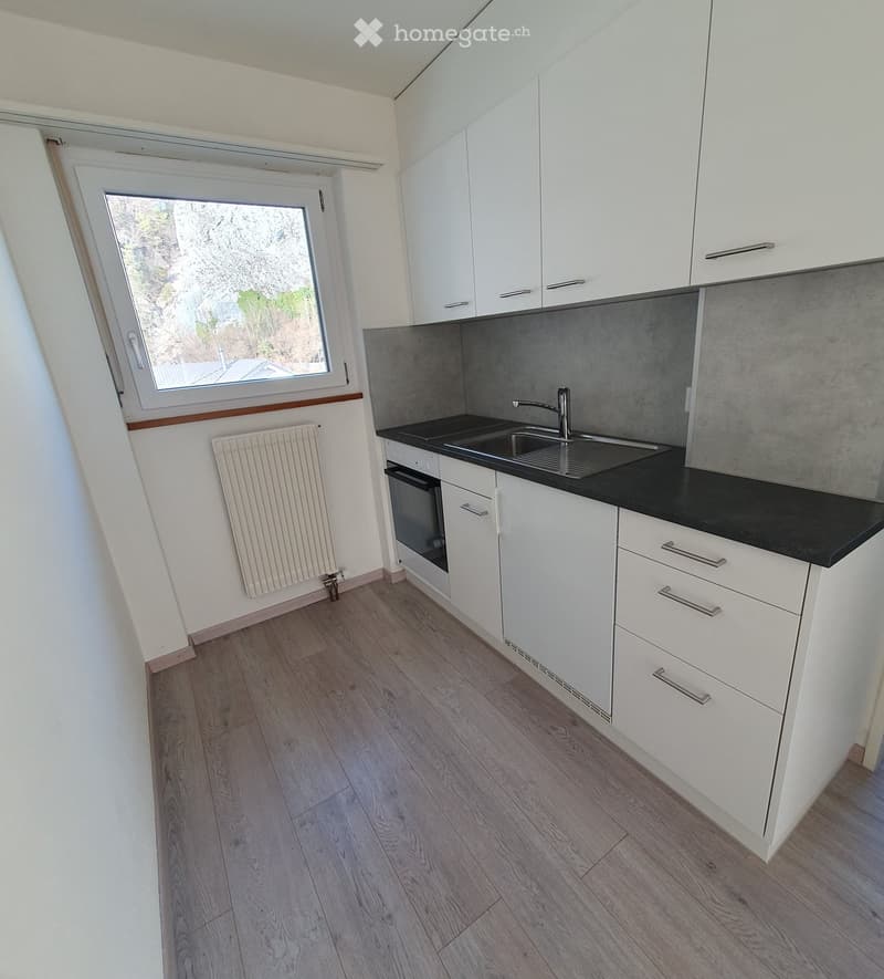 Modern kitchen with white cabinets, black countertop, sink, oven, and radiator. Wooden flooring and large window with view.