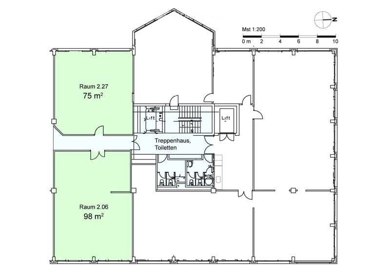 Floor plan showing two large rooms (75 m² and 98 m²), staircase, toilets, and elevator.