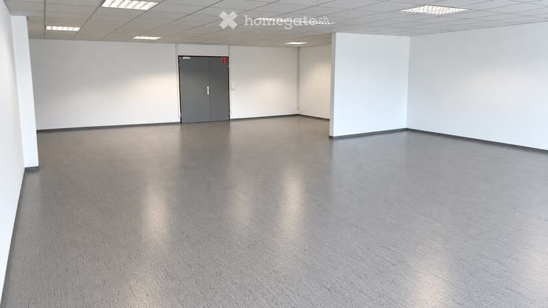 Empty room with white walls, grey floor, and a grey door.