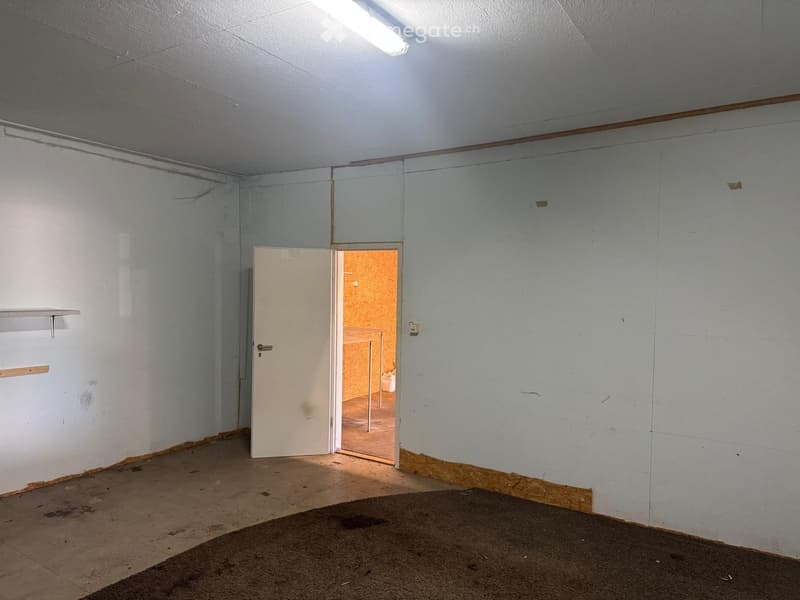 Empty room with white walls, a single door leading to another space, and a small shelf on the left wall. The floor is unfinished concrete with a small carpet in the center.