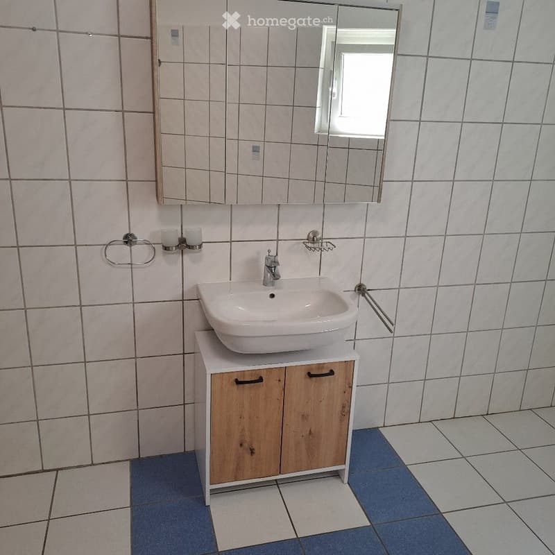 Modern bathroom with white tiled walls, a white sink on a wooden cabinet, a large mirror, and a towel rack.