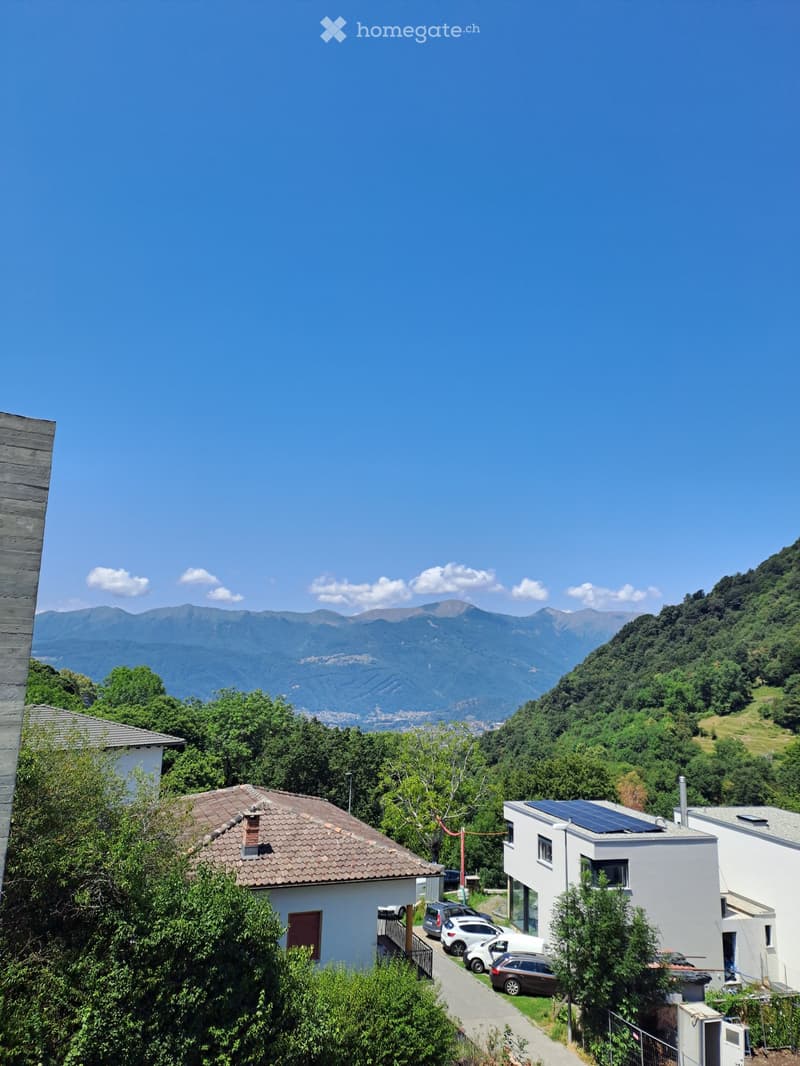A view of a residential area with modern and traditional houses, surrounded by lush greenery and mountains in the background.