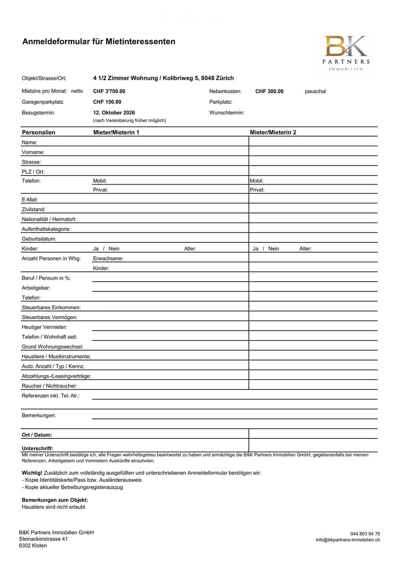 Rental application form for a 4 1/2 room apartment in Zurich, including fields for tenant details, rental costs, and contact information.