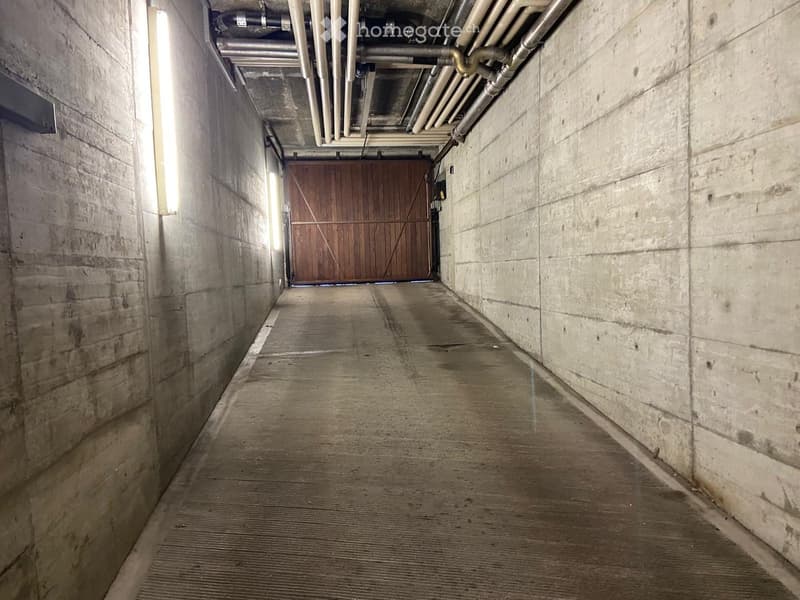 Concrete-walled corridor with exposed pipes, a wooden door at the end, and a textured concrete floor.