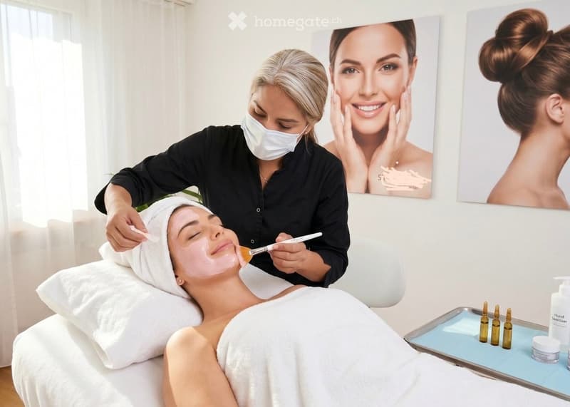 A woman is receiving a facial treatment from a professional. The professional is applying a pink mask to the woman's face using a brush. The woman is lying on a white treatment bed with a white towel draped over her. A tray with several small bottles and