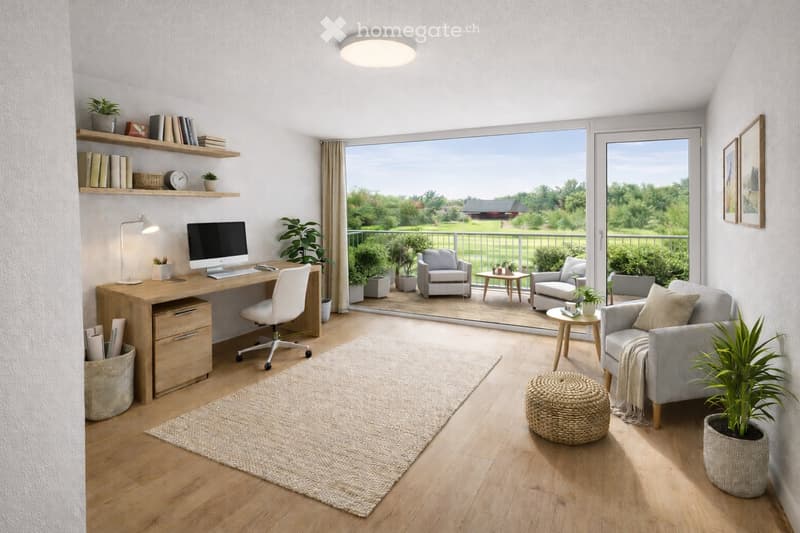 Bright, modern living space with a desk area, sofa, and balcony access. Features include a large window, wooden flooring, and decorative plants.