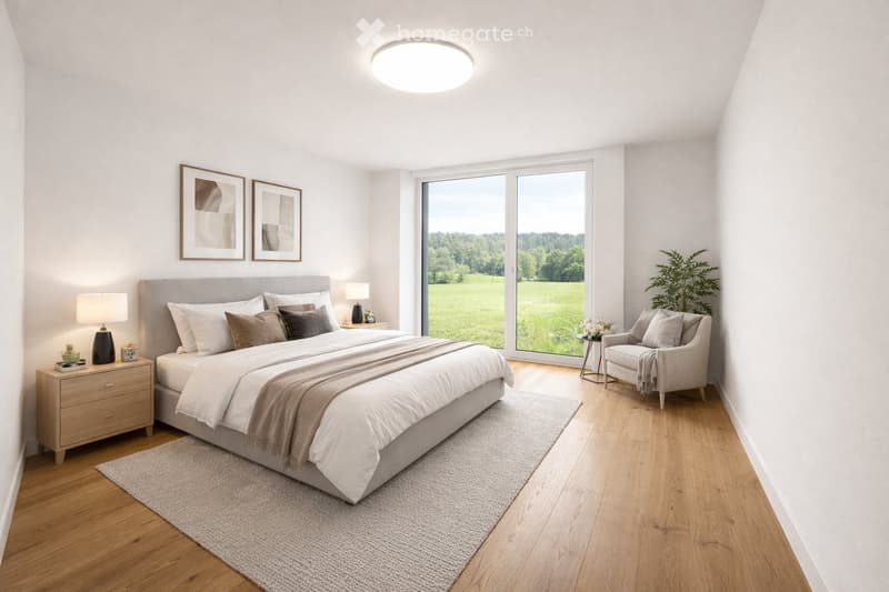 Modern bedroom with a large bed, nightstand, lamp, armchair, side table, and framed artwork. Large windows offer a view of a green landscape.