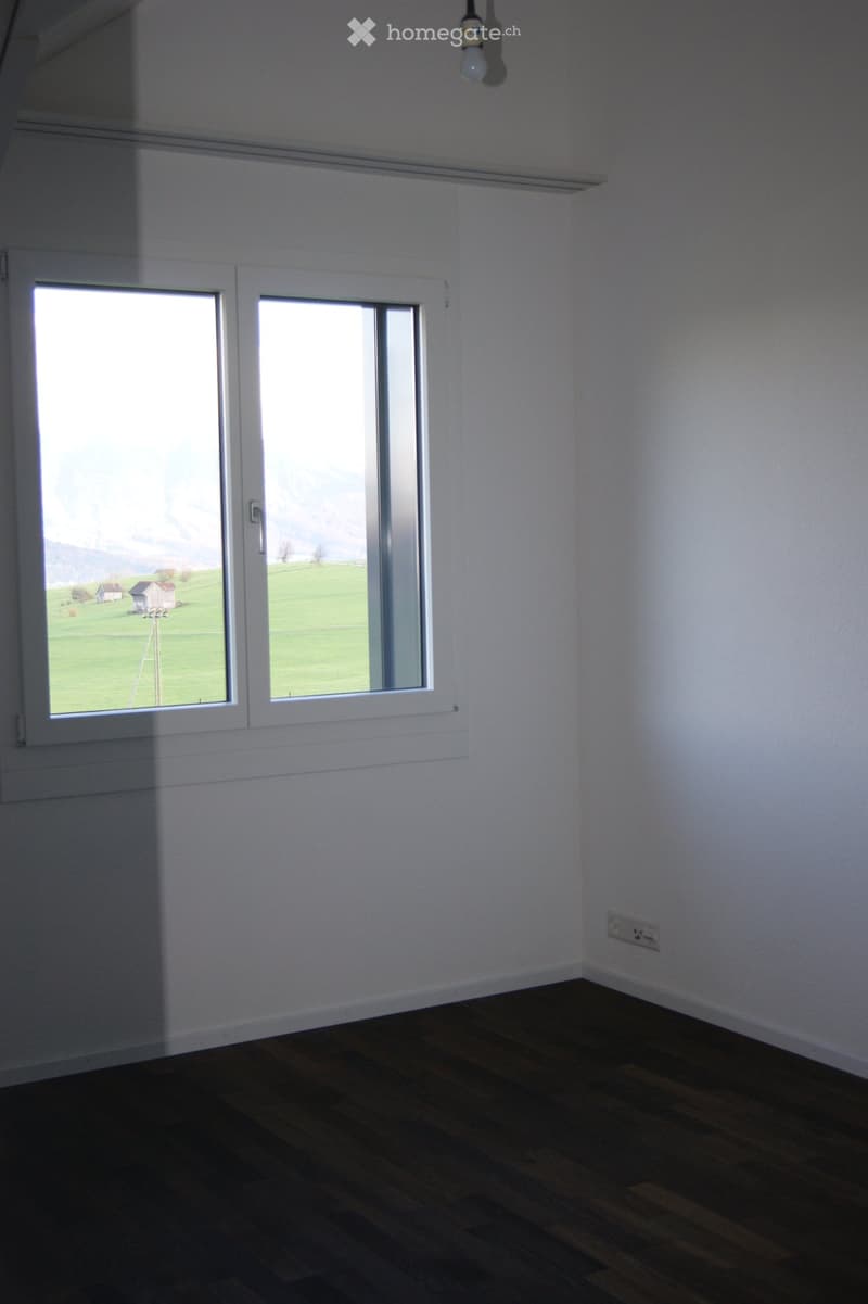 Empty room with wooden flooring, white walls, and large windows offering a view of a green field and distant landscape.