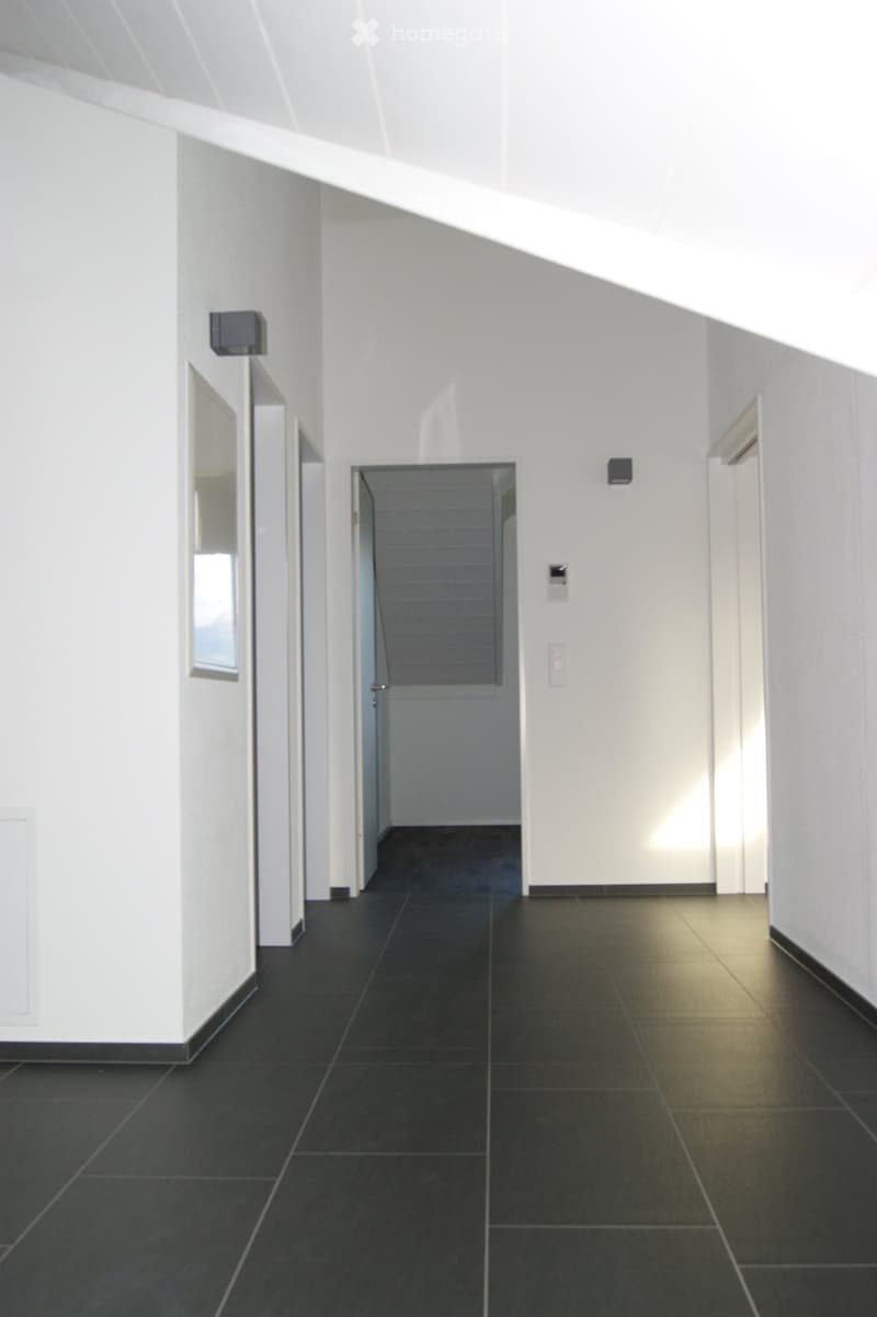 Modern hallway with white walls, black tiled floor, and several doors leading to other rooms.
