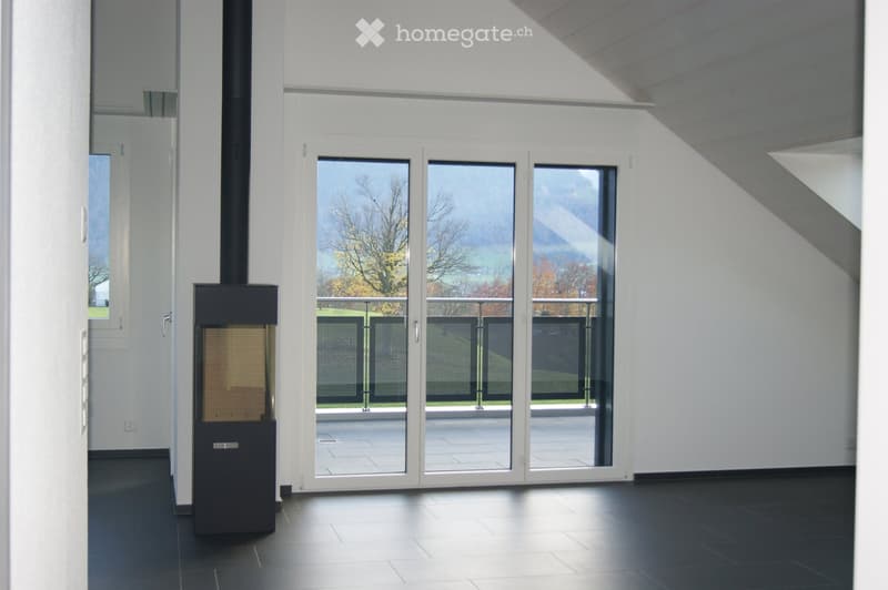 Modern hallway with a sleek black fireplace, large glass sliding doors leading to a balcony, and a view of the landscape.