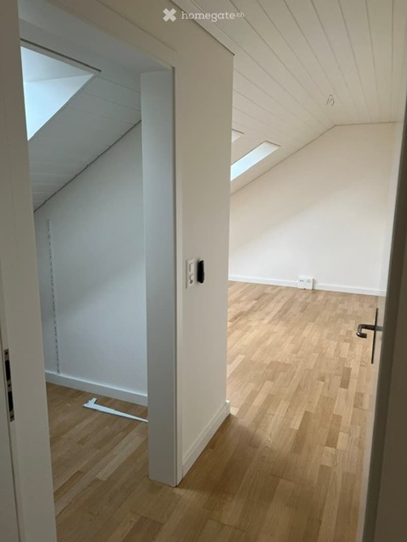 Empty attic room with wooden flooring, white walls, and skylight windows. No furniture or equipment present.
