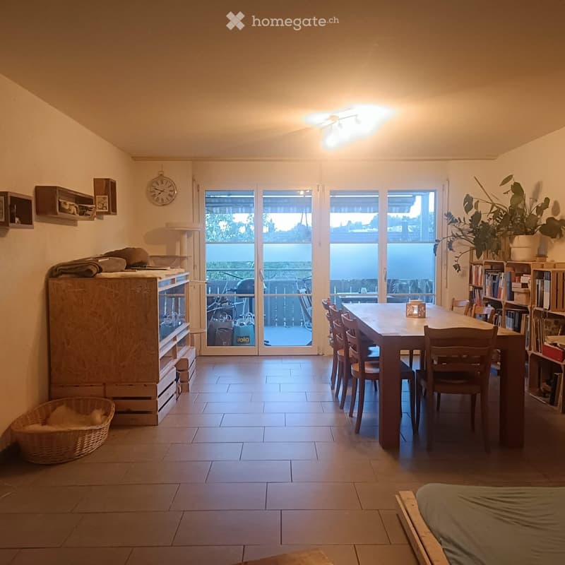 Bright living and dining area with large sliding glass doors leading to a balcony, a dining table with chairs, a bookshelf, and a pet basket.