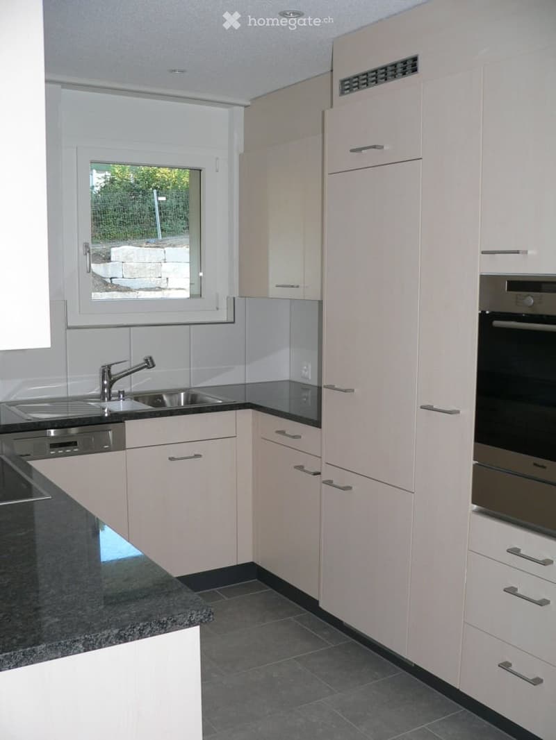 Modern kitchen with white cabinets, granite countertops, stainless steel sink and faucet, dishwasher, and built-in oven. Features a large window with a view of greenery.